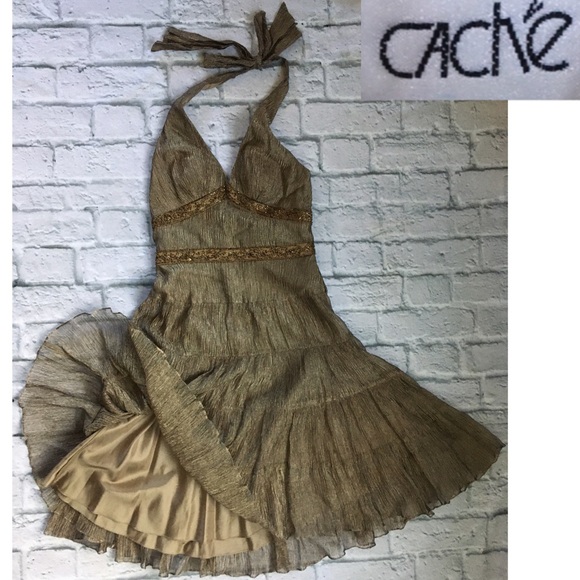 ⭐️Cache 4 Halter Bronze Silk Crinkle Beaded Lined - Picture 2 of 8